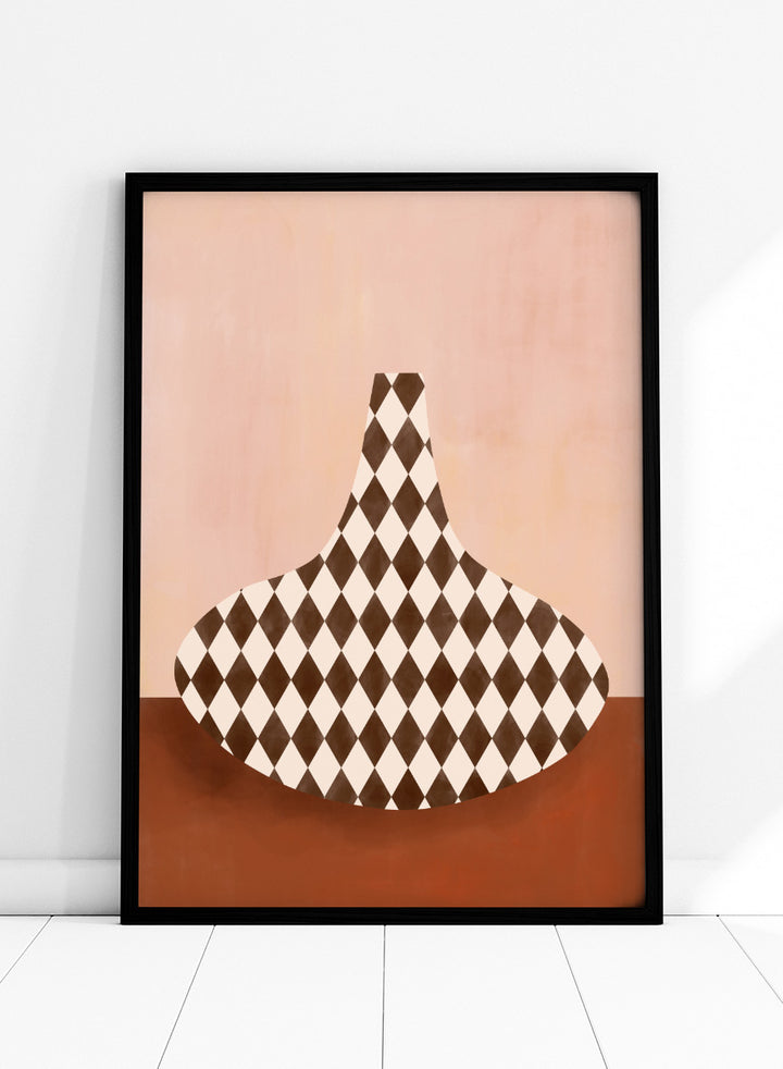 Shop Abstract Harlequin Vase by Elena Ristova, a modern wall art print poster featuring a brown-and-cream diamond vase against a soft pink background.