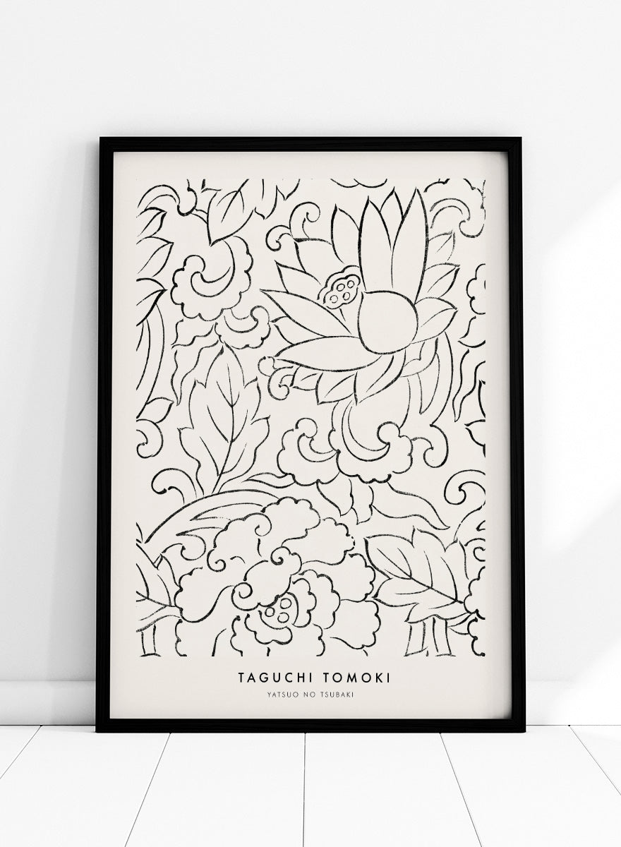 Floral Yatsuo no Tsubaki by Taguchi Tomoki is a vintage Japanese woodblock art print featuring stylized flowers, curling leaves, and elegant black linework.