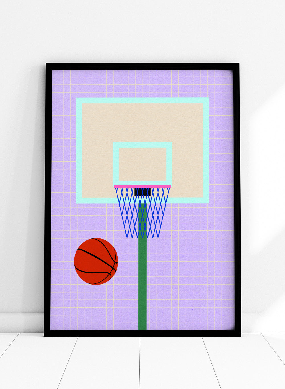 Basketball and hoop on a grid background. New York Basketball by Rosi Feist is a modern minimalist sports art print with bold graphic color and Bauhaus-inspired design. Officially licensed fine art poster with framing.