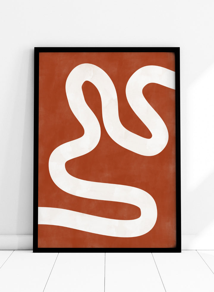 White wavy line on a red background. Crimson Pathways art print by Elena Ristova featuring a flowing white abstract line on a rust red background. Officially licensed modern abstract wall poster.