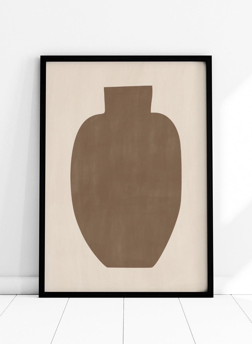 Shop Earthy Abstract Vase by Elena Ristova, a modern minimalist wall art print poster featuring an oversized brown vase silhouette on a soft cream background.