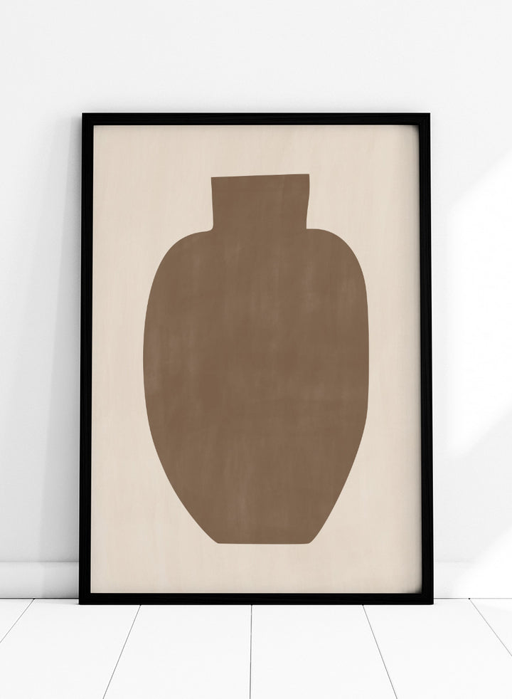 Shop Earthy Abstract Vase by Elena Ristova, a modern minimalist wall art print poster featuring an oversized brown vase silhouette on a soft cream background.
