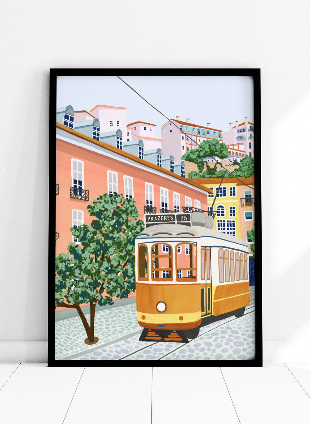 Lisbon Portugal Yellow Tram 28 Colorful Buildings Travel City Art Print | Cityscape Landscape Illustration, Europe Travel Poster