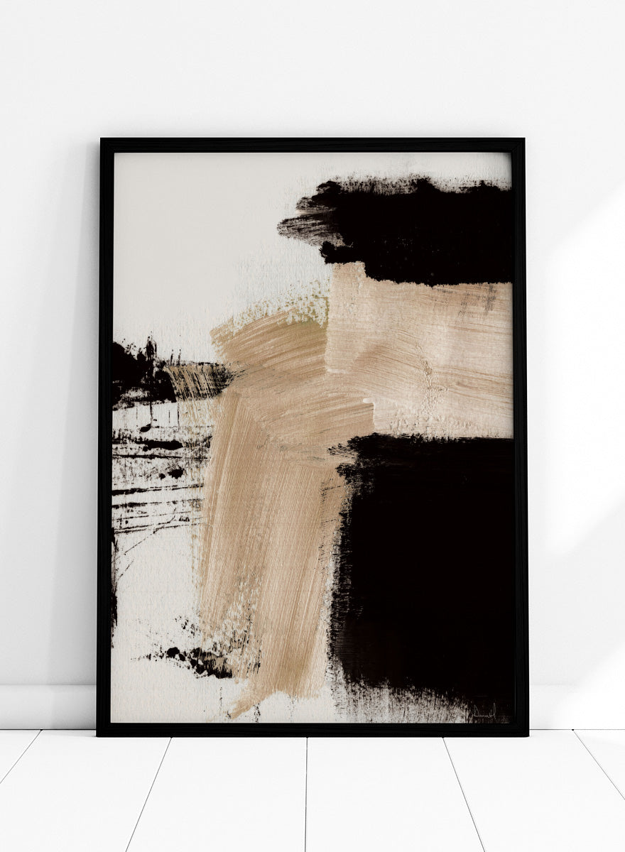 Shop Path by Dan Hobday, a contemporary abstract art print featuring bold black forms, warm beige brushwork, layered texture, and expressive neutral tones.