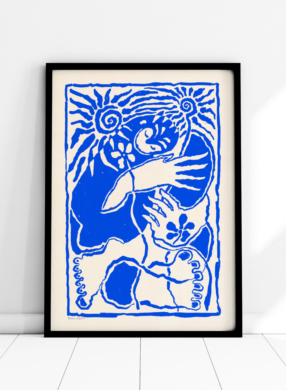 Blue and white abstract design with a central figure and sun-like elements on a beige background. Protection Blue by Eden Kalif is a modern figurative art print in bold blue, a contemporary minimalist wall poster with symbolic forms and expressive line work.