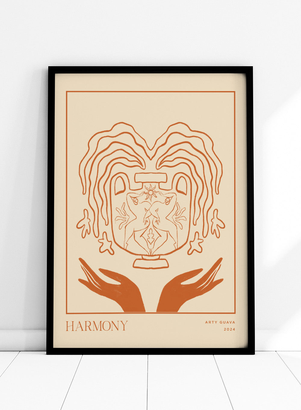 Artistic illustration of a heart with hands holding it, titled 'Harmony' by Arty Guava 2024. Harmony by Arty Guava is a minimalist vessel art print with terracotta linework, mirrored figures, and symbolic calm. Officially licensed wall poster.