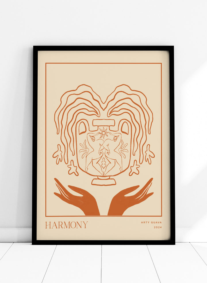 Artistic illustration of a heart with hands holding it, titled 'Harmony' by Arty Guava 2024. Harmony by Arty Guava is a minimalist vessel art print with terracotta linework, mirrored figures, and symbolic calm. Officially licensed wall poster.