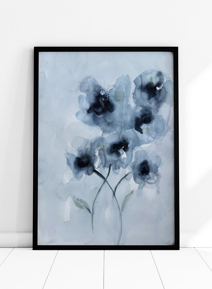 Shop Soft Blue Blooms by Helena Ryhle, a botanical watercolor wall art print poster featuring expressive blue flowers and soft contemporary floral detail.