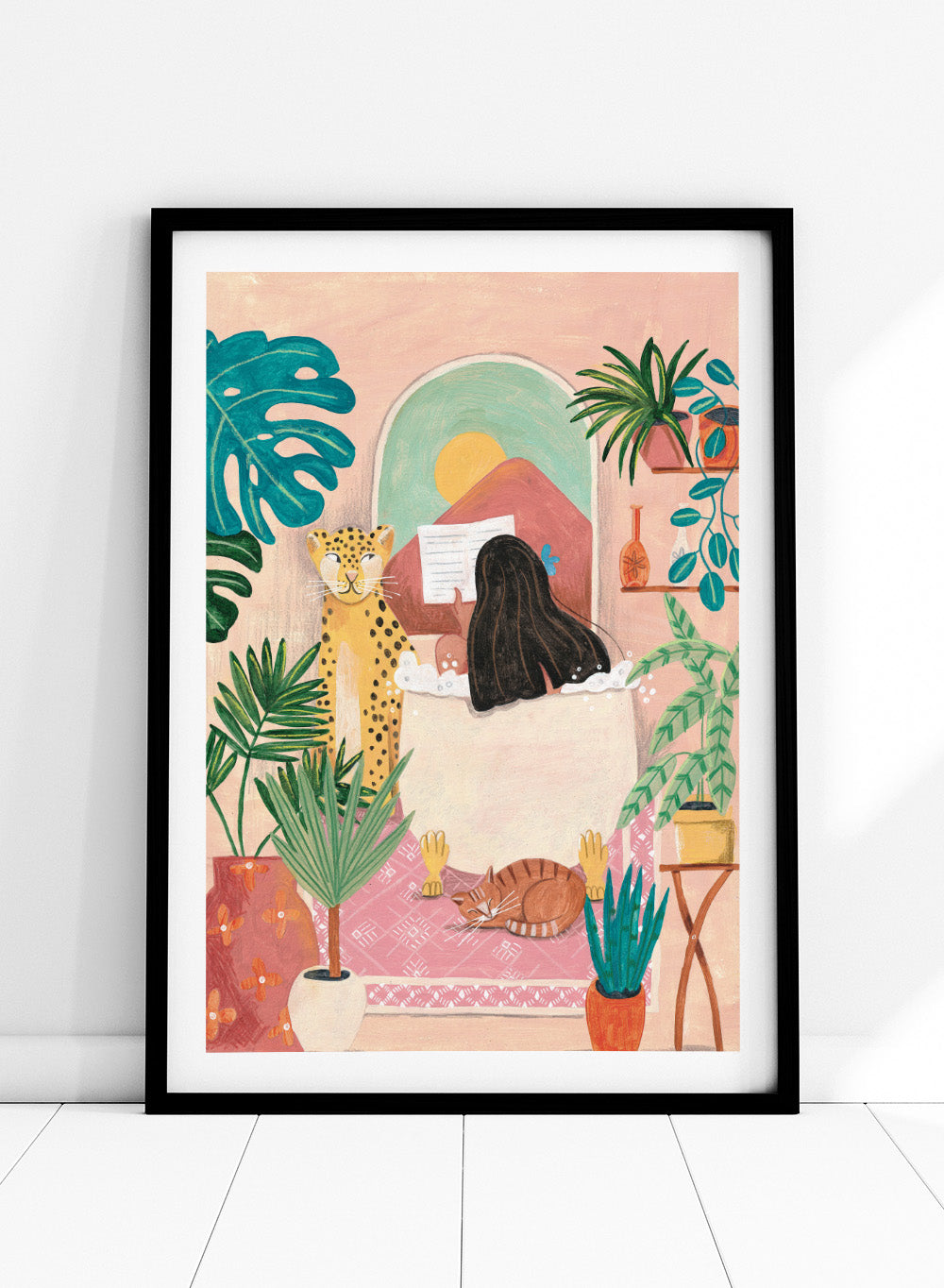Illustration of a woman reading a book with a leopard and cat in a room filled with plants. Girl Reading Tropical Bath by Caroline Bonne Müller fine art print, wall art poster with bold color, tropical interior, modern playful aesthetic design.
