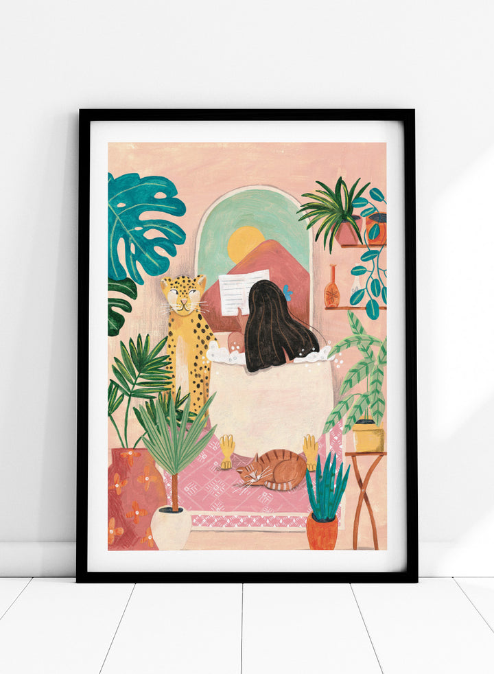 Illustration of a woman reading a book with a leopard and cat in a room filled with plants. Girl Reading Tropical Bath by Caroline Bonne Müller fine art print, wall art poster with bold color, tropical interior, modern playful aesthetic design.