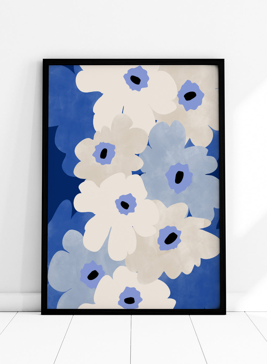 Shop White and Blue Flowers by Elena Ristova, a modern floral wall art print poster featuring oversized cream and blue blooms with bold cobalt and black details.
