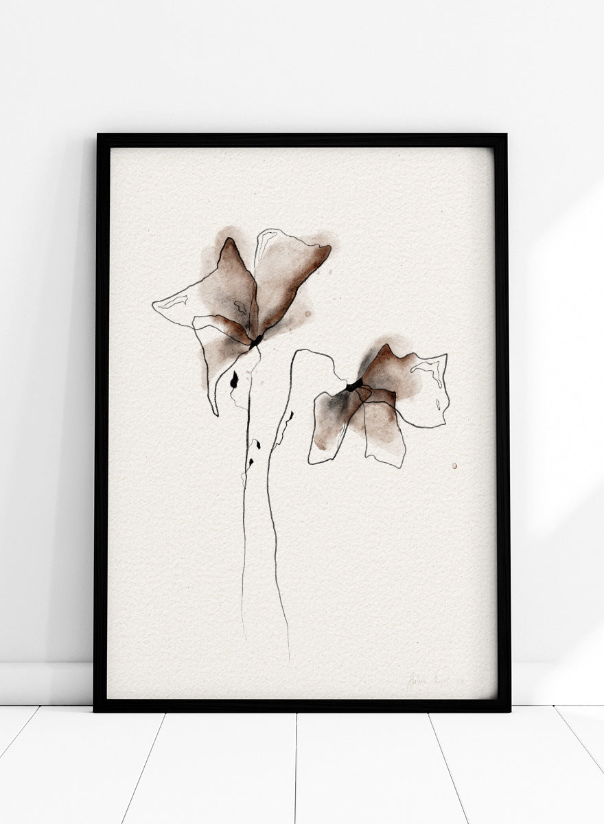 Minimalist watercolor and ink floral art print featuring two abstract flower shapes in brown and black tones on textured off-white paper. Shop Watercolor Botanical Blooms by Ankie Kooi, a modern floral wall art print poster with abstract botanical flowers, minimalist line art, brown, cream, and black.