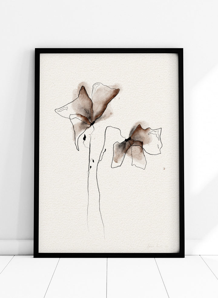Minimalist watercolor and ink floral art print featuring two abstract flower shapes in brown and black tones on textured off-white paper. Shop Watercolor Botanical Blooms by Ankie Kooi, a modern floral wall art print poster with abstract botanical flowers, minimalist line art, brown, cream, and black.