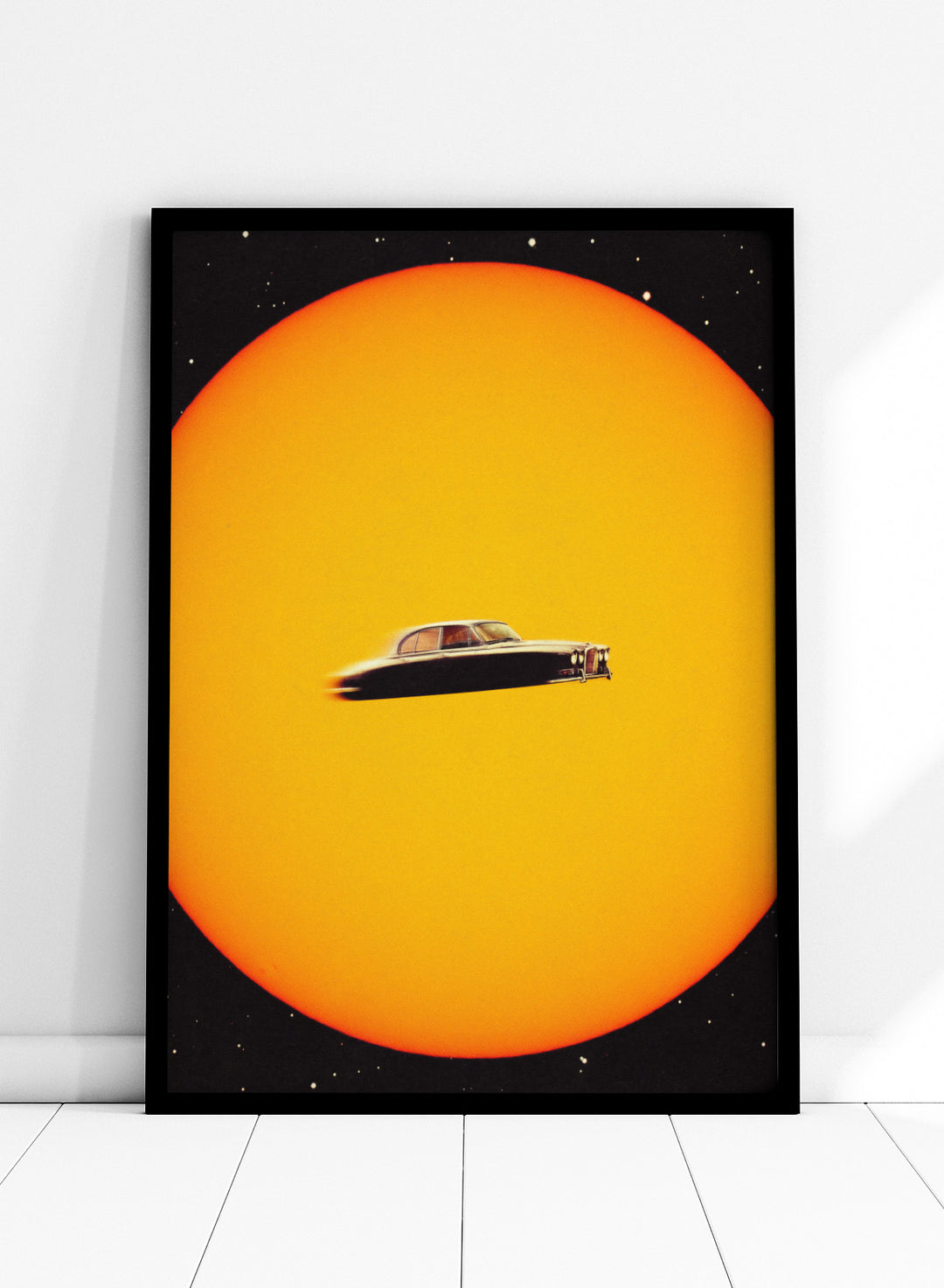 UFO-like vintage car on a yellow background. Space Chase by Taudalpoi surreal retro car in space art print with giant sun and vintage vehicle, cosmic collage sci fi poster wall art.