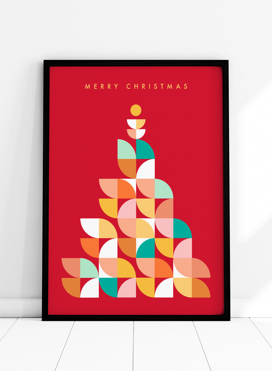 Shop Geometric Christmas Tree by Dominique Vari, a colorful Christmas wall art print poster featuring a retro geometric tree in red, pink, orange, teal, and yellow.