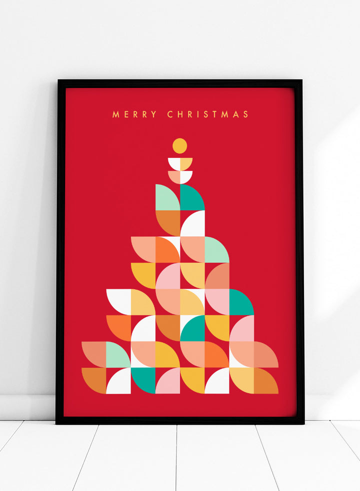 Shop Geometric Christmas Tree by Dominique Vari, a colorful Christmas wall art print poster featuring a retro geometric tree in red, pink, orange, teal, and yellow.