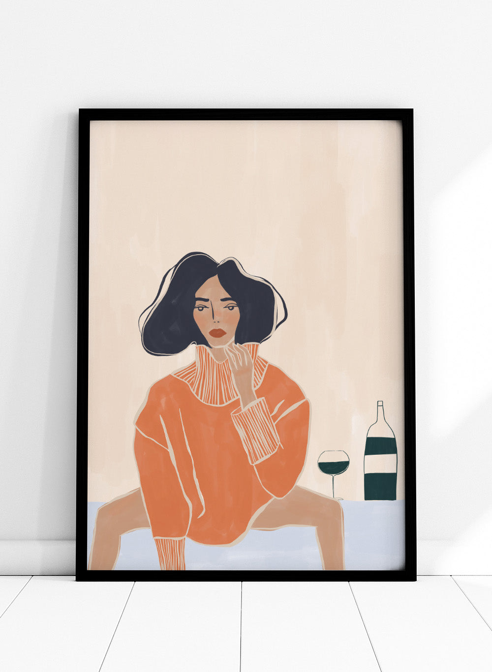 It’s a Mood by Ivy Green is a modern illustration art print featuring a woman seated at a table with wine. Premium fine art print with optional wood framing.