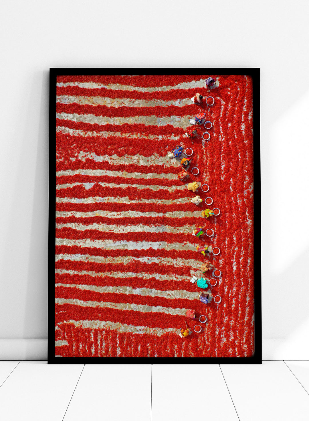 Drying Red Chilies by Azim Khan Ronnie aerial photography print showing chilli fields in Bangladesh with workers, cultural documentary wall art poster