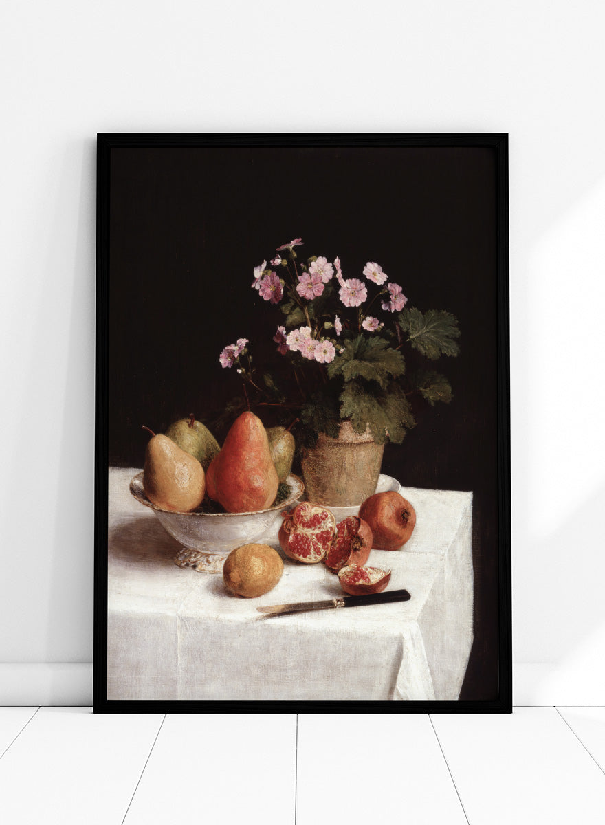 Shop Still Life with Primroses, Pears and Pomegranates by Henri Fantin-Latour, a vintage still life wall art print poster with warm brown tones.