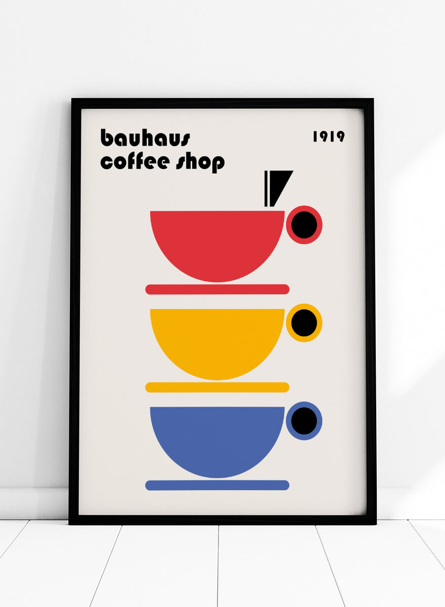 Bauhaus Coffee Cups by Retrodrome kitchen art print featuring stacked red, yellow, and blue coffee cups with bold Bauhaus-inspired design.