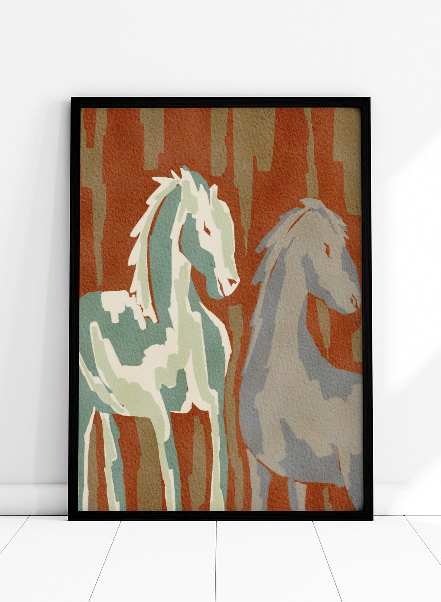 Shop Abstract Forest Horses by Nikita Jariwala, a modern horse wall art print featuring two abstract horses, woodland shapes, and earthy rust, sage, and beige tones.