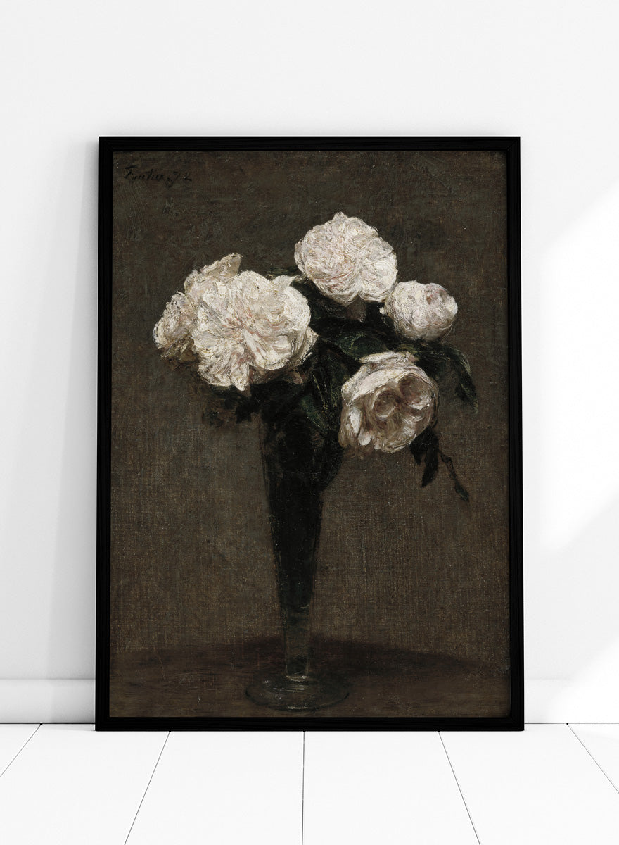 Shop Roses Flowers in a Vase by Henri Fantin-Latour, a vintage floral wall art print poster featuring pale roses in a dark vase against rich brown tones.