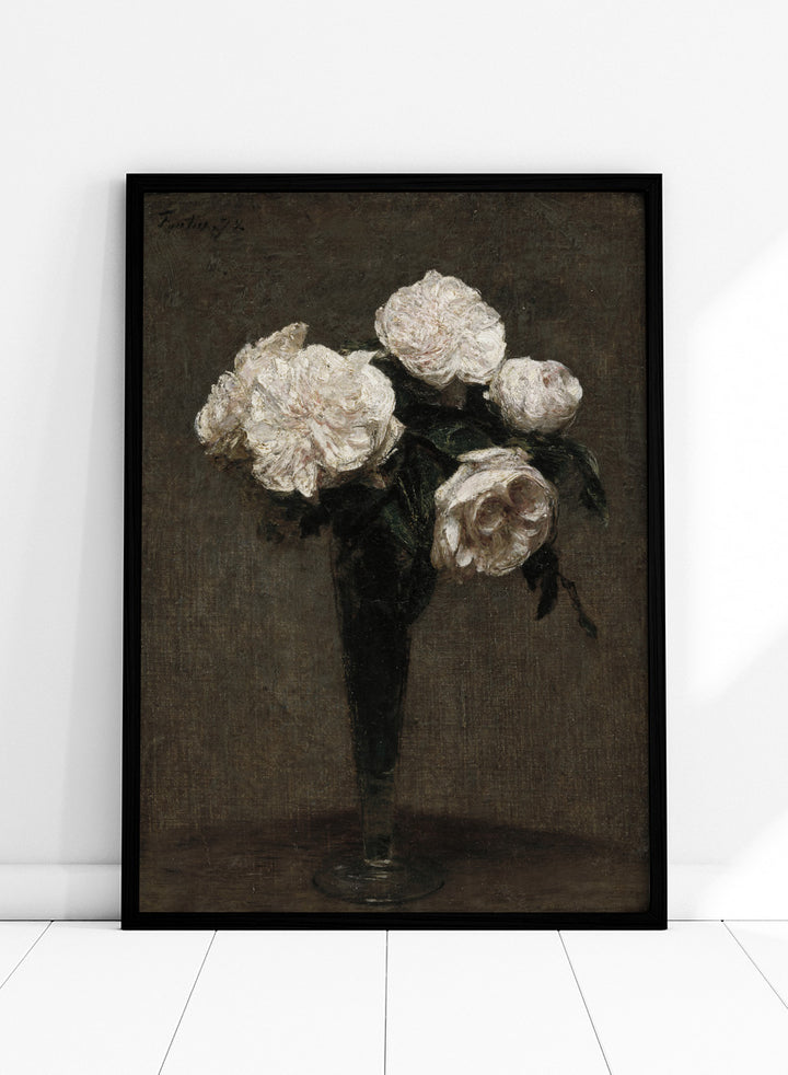 Shop Roses Flowers in a Vase by Henri Fantin-Latour, a vintage floral wall art print poster featuring pale roses in a dark vase against rich brown tones.