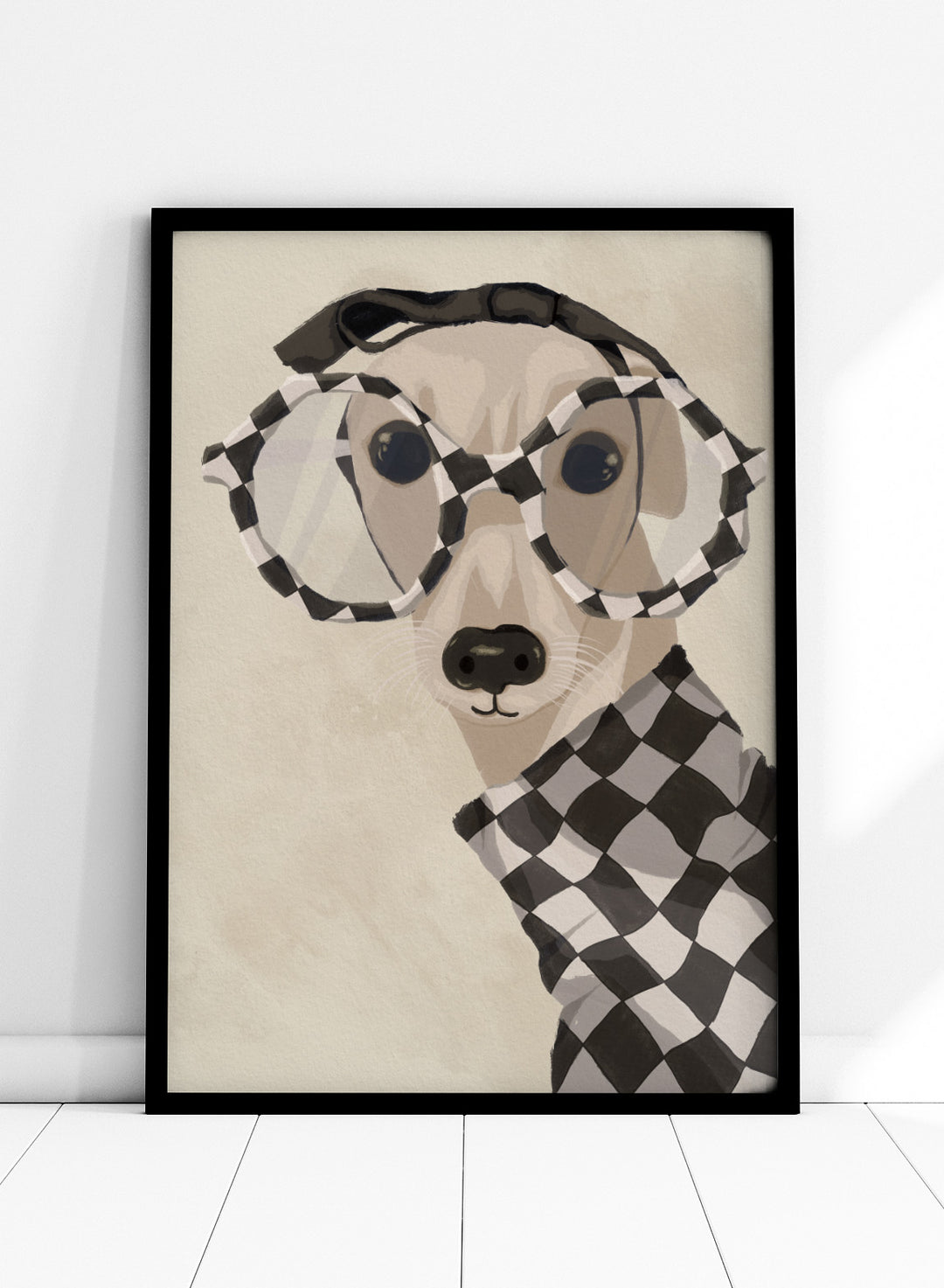 Chic Greyhound in Glasses by Lisa Solomoniuk premium framed fine art print featuring a greyhound in oversized checkered glasses and a matching sweater.