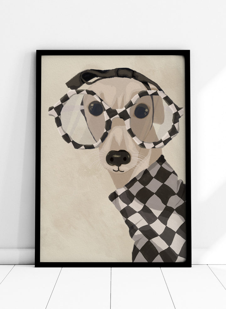 Chic Greyhound in Glasses by Lisa Solomoniuk premium framed fine art print featuring a greyhound in oversized checkered glasses and a matching sweater.