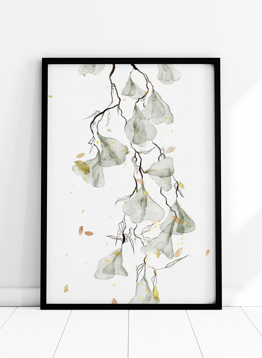 Shop Soft Green Botanicals by Ankie Kooi, a modern botanical wall art print poster with watercolor leaves, minimalist line art, soft green, yellow, and cream.