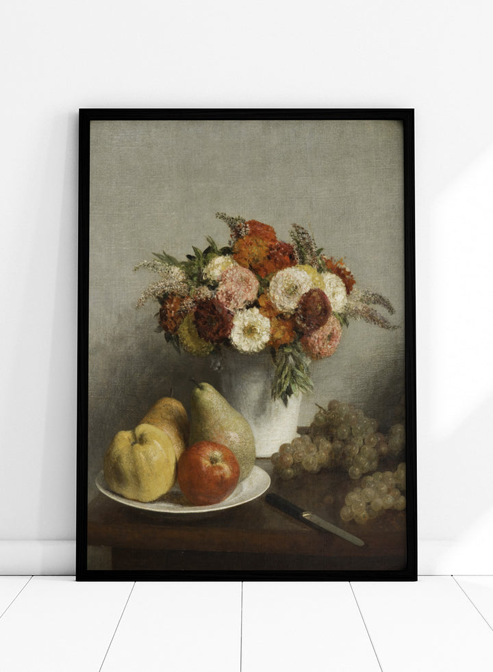 Shop Flowers and Fruit by Henri Fantin-Latour, a vintage still life wall art print poster featuring flowers, pears, apples, and grapes in warm brown tones.