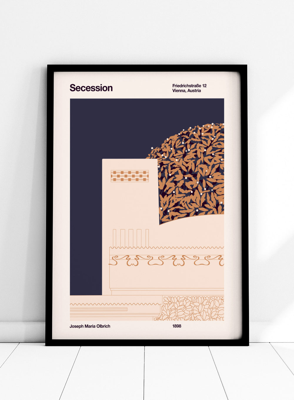 Poster design with geometric patterns and text on a dark blue and beige background. Vienna Secession Building by Florent Bodart is a modern architectural art print inspired by Vienna Secession design, a minimalist wall poster with geometric detail and warm tones.