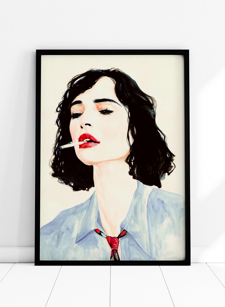 Shop Chic Woman with Cigarette by Sophia Novosel, a modern female portrait wall art print poster featuring dark hair, red lips, a blue shirt, and bold fashion styling.