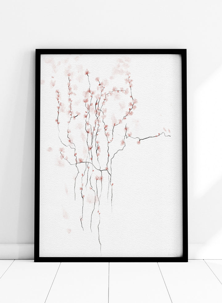 Art print of cherry blossom branches with pink flowers on a white background. Blooming Spring by Ankie Kooi art print featuring delicate pink blossoms, thin branches, watercolor florals, minimalist botanical illustration, soft nature wall poster.