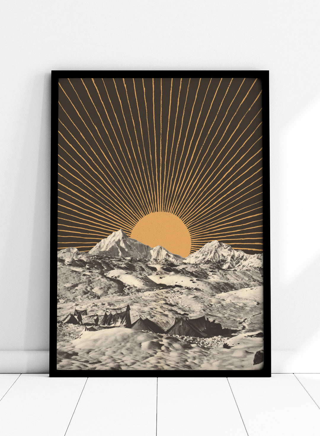 Mountain landscape with a sunburst design in the sky. Mountain Base Camp Sunrise by Florent Bodart is a modern landscape art print with mountains and sunrise rays, a vintage-inspired wall poster with bold graphic contrast.