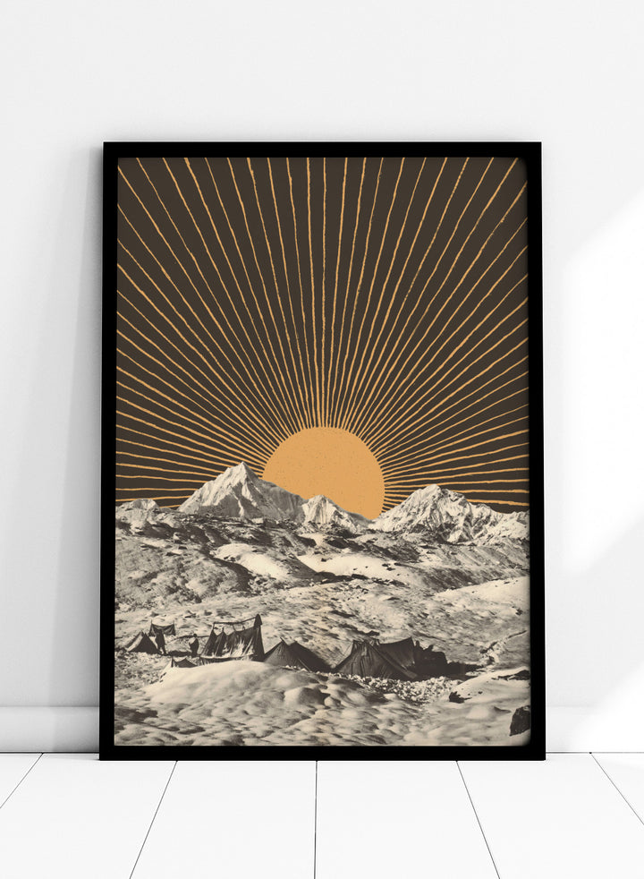Mountain landscape with a sunburst design in the sky. Mountain Base Camp Sunrise by Florent Bodart is a modern landscape art print with mountains and sunrise rays, a vintage-inspired wall poster with bold graphic contrast.