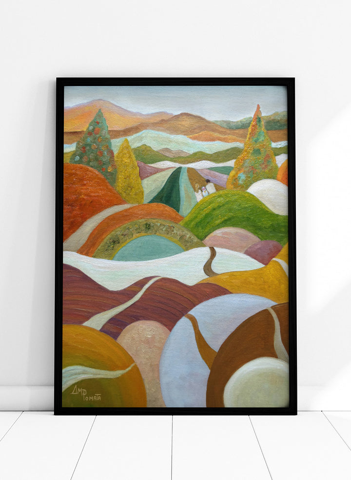 An abstract landscape painting featuring rolling hills, stylized trees, and distant mountains in a warm palette of orange, green, yellow, brown, and white. Shop Vibrant Hillside Path by Angeles M. Pomata, an autumn landscape art print with winding paths, rolling hills, and warm earthy tones.