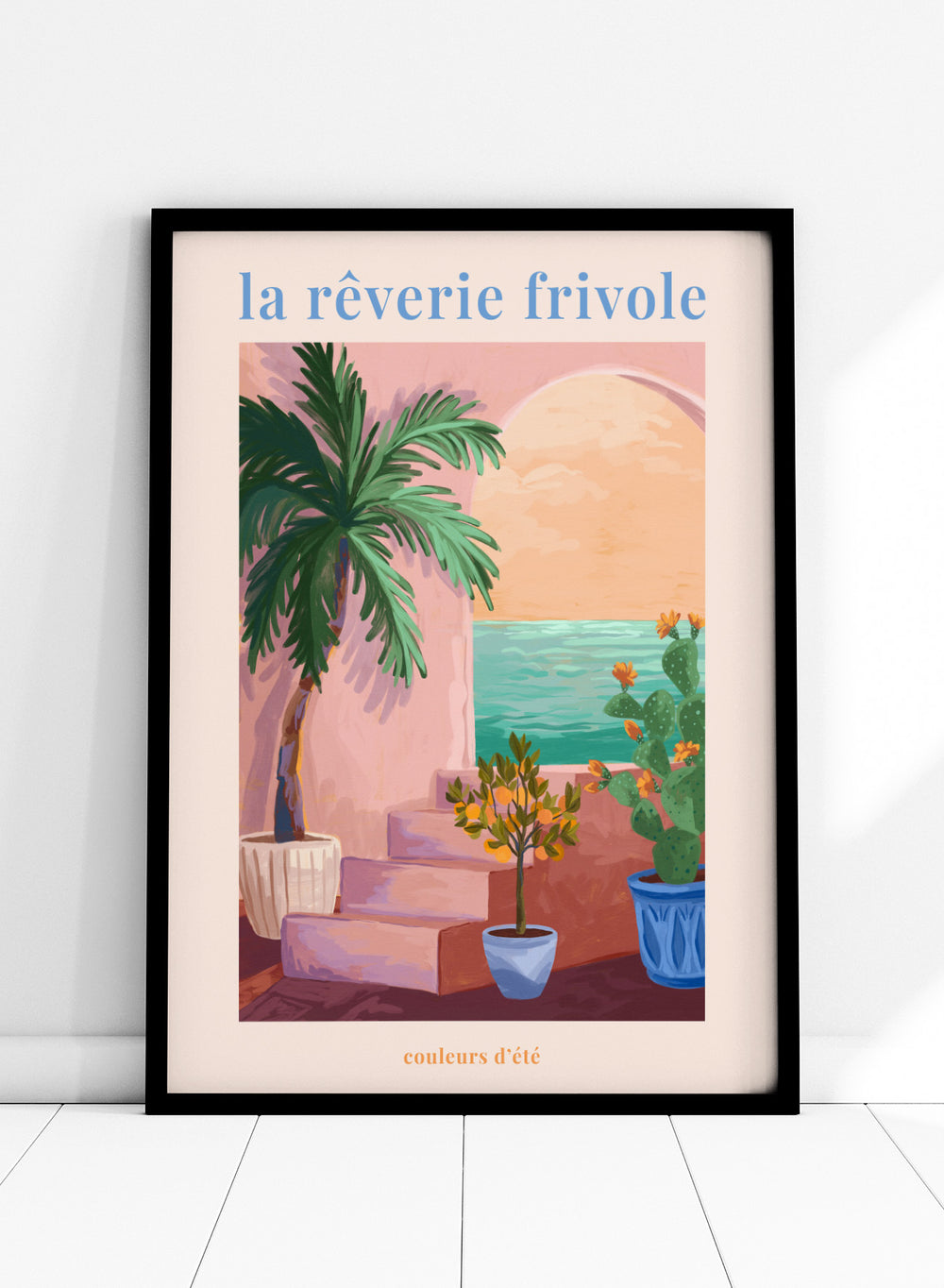 Artistic depiction of a tropical scene with palm trees and plants, featuring the text 'la rçverie frivole'. La Rêverie Frivole Palm by Goed Blauw is a coastal art print and wall poster featuring a palm tree, citrus plant, and ocean view in warm summer tones.