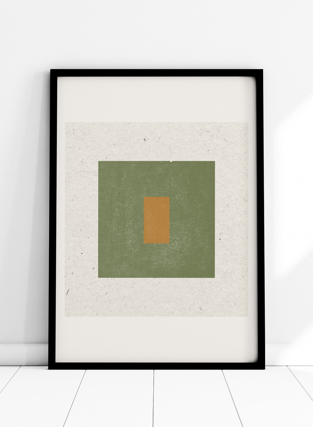 Abstract art with a green square and a smaller brown rectangle on a textured beige background. Minimalist Harmony by The MIUUS Studio is a minimalist abstract art print and wall poster featuring geometric shapes, neutral tones, and modern textured design.