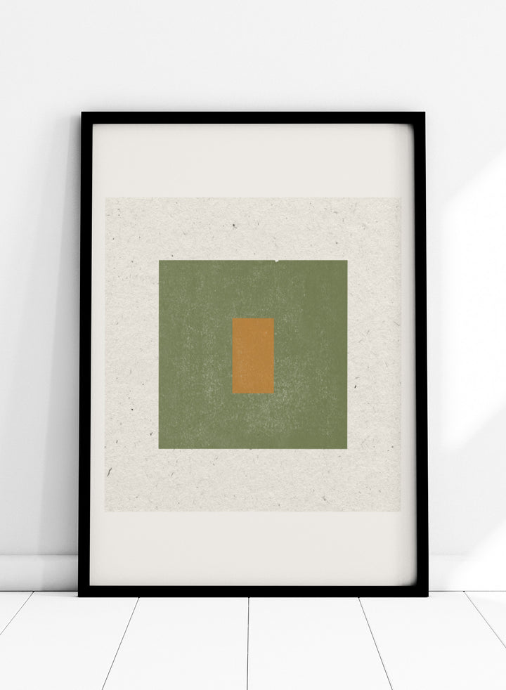 Abstract art with a green square and a smaller brown rectangle on a textured beige background. Minimalist Harmony by The MIUUS Studio is a minimalist abstract art print and wall poster featuring geometric shapes, neutral tones, and modern textured design.