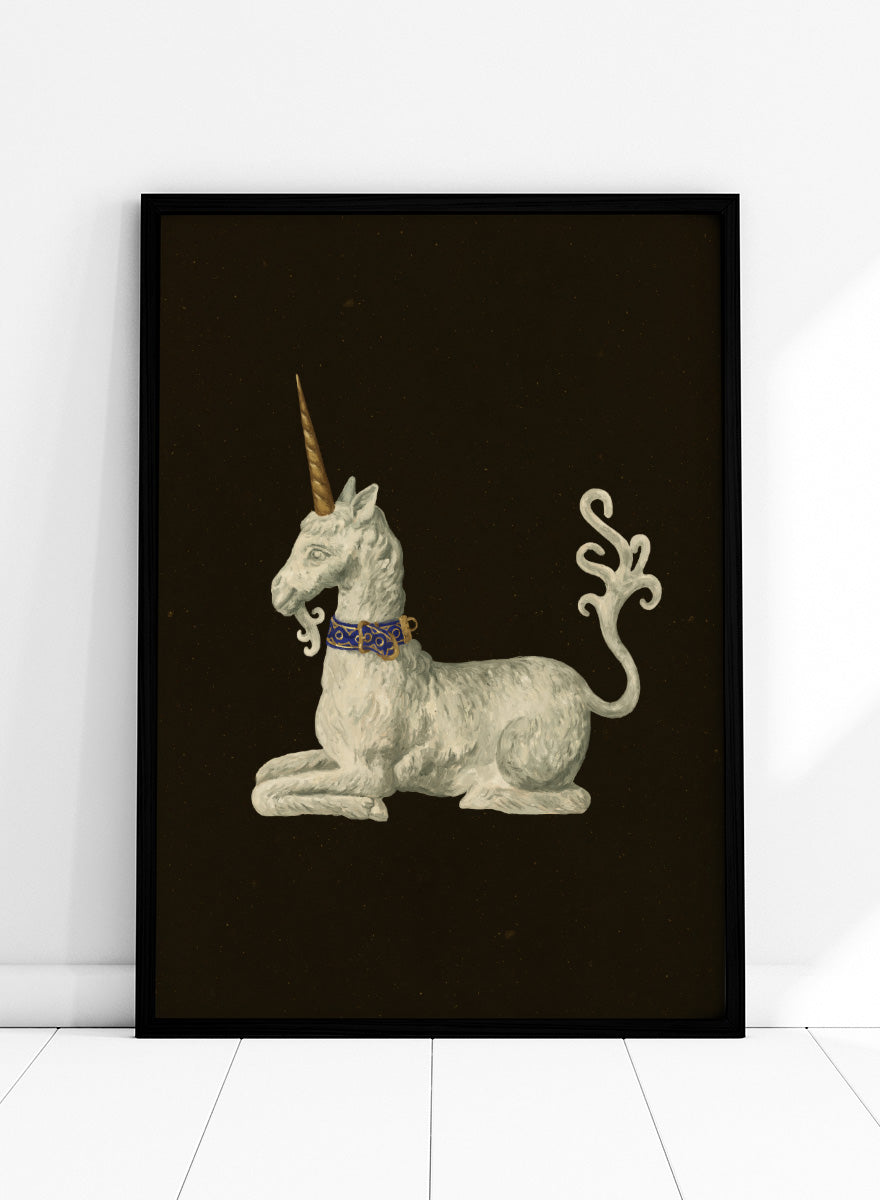 Shop Regal White Unicorn by NKTN, a whimsical unicorn wall art print poster featuring a white mythical figure, golden horn, ornate blue collar, and dark background.