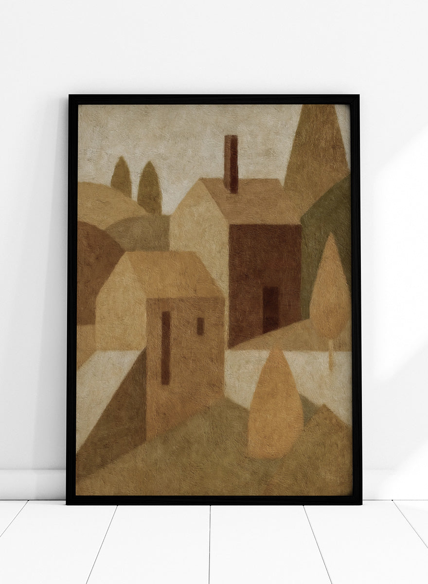 An abstract cubist-style landscape painting featuring geometric houses, trees, and hills in muted beige, brown, tan, and olive tones. Shop Cottage by Dan Hobday, a contemporary landscape painting art print featuring abstract village cottages, tall trees, layered hills, and warm earthy tones.