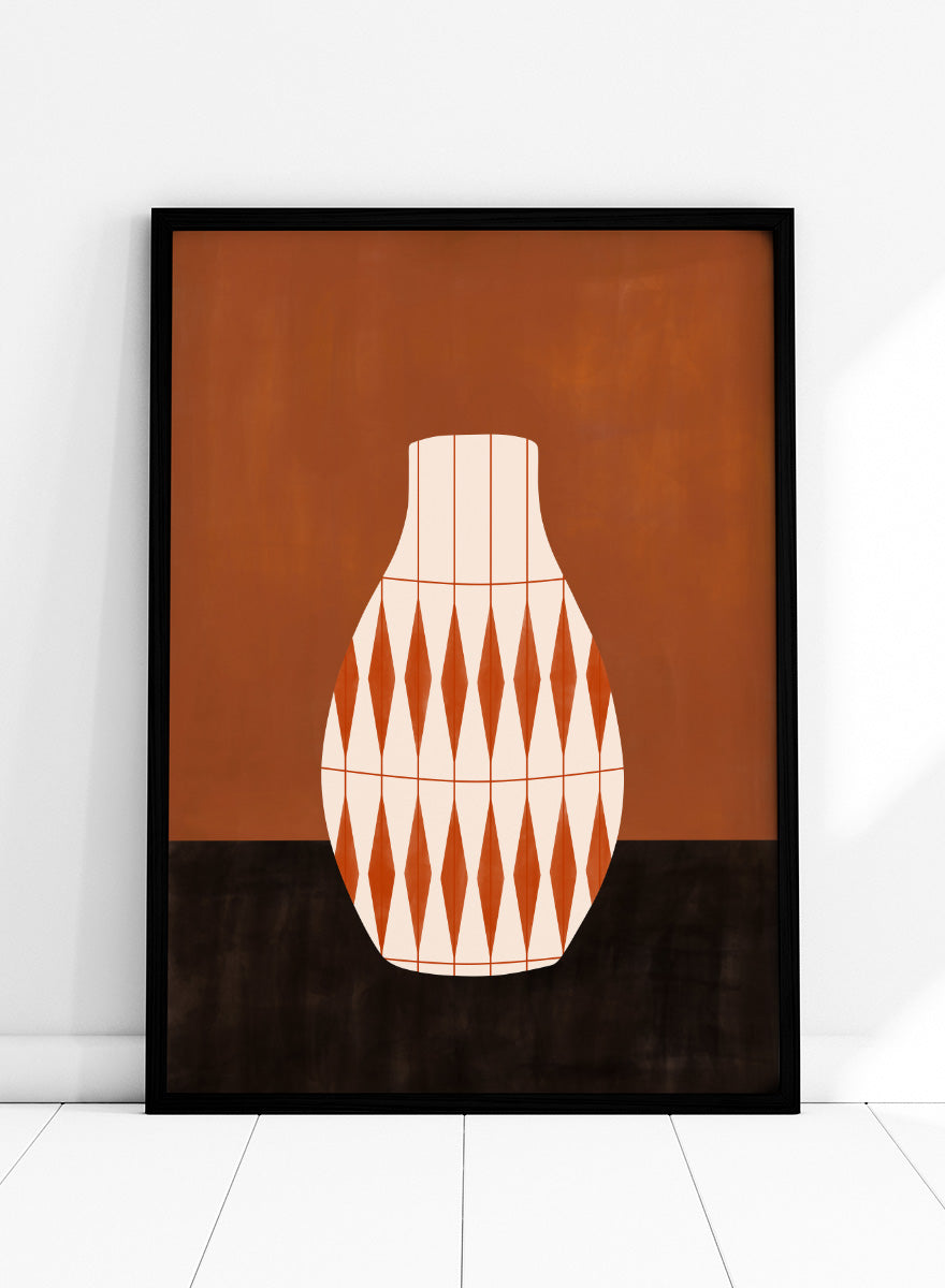 Shop Geometric Orange Vase by Elena Ristova, a modern wall art print poster featuring a cream vase with bold orange diamond patterns and rich rust tones.