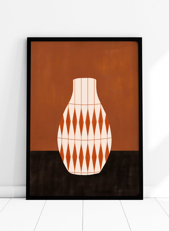 Shop Geometric Orange Vase by Elena Ristova, a modern wall art print poster featuring a cream vase with bold orange diamond patterns and rich rust tones.