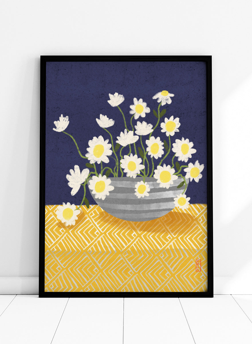 A stylized floral still life artwork showing white daisies with yellow centers in a gray striped bowl, set against a dark navy background and a yellow patterned surface. Shop Cheerful Daisy Arrangement by Dirkie Nell, a colorful floral art print featuring white daisies, a striped vase, navy blue background, and mustard yellow pattern.