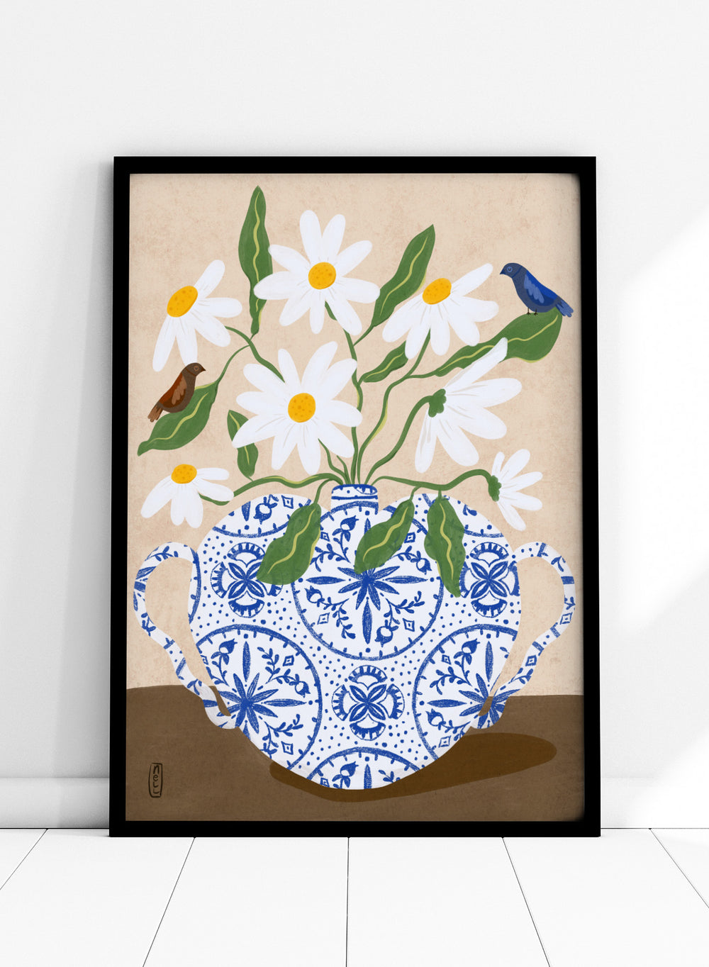 Decorative illustration of a blue and white teapot with daisies and birds on a beige background. Daisies In Blue Teapot by Dirkie Nell is a floral art print featuring white daisies, blue pottery, birds, and hand painted botanical details.