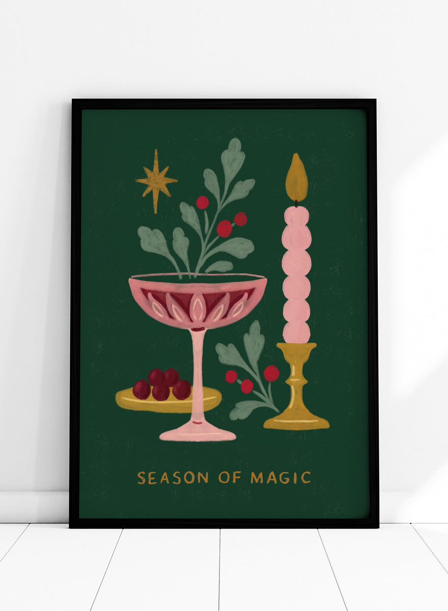 Shop Season of Magic by Katarzyna Gąsiorowska, a festive Christmas wall art print poster featuring a pink candle, berries, greenery, and holiday decor.