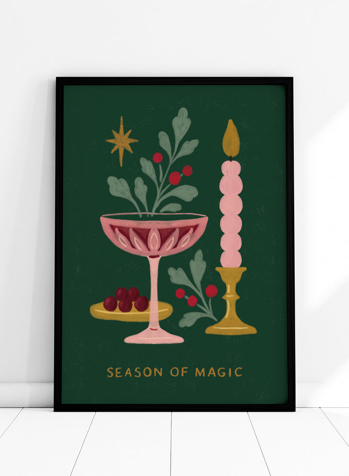 Shop Season of Magic by Katarzyna Gąsiorowska, a festive Christmas wall art print poster featuring a pink candle, berries, greenery, and holiday decor.