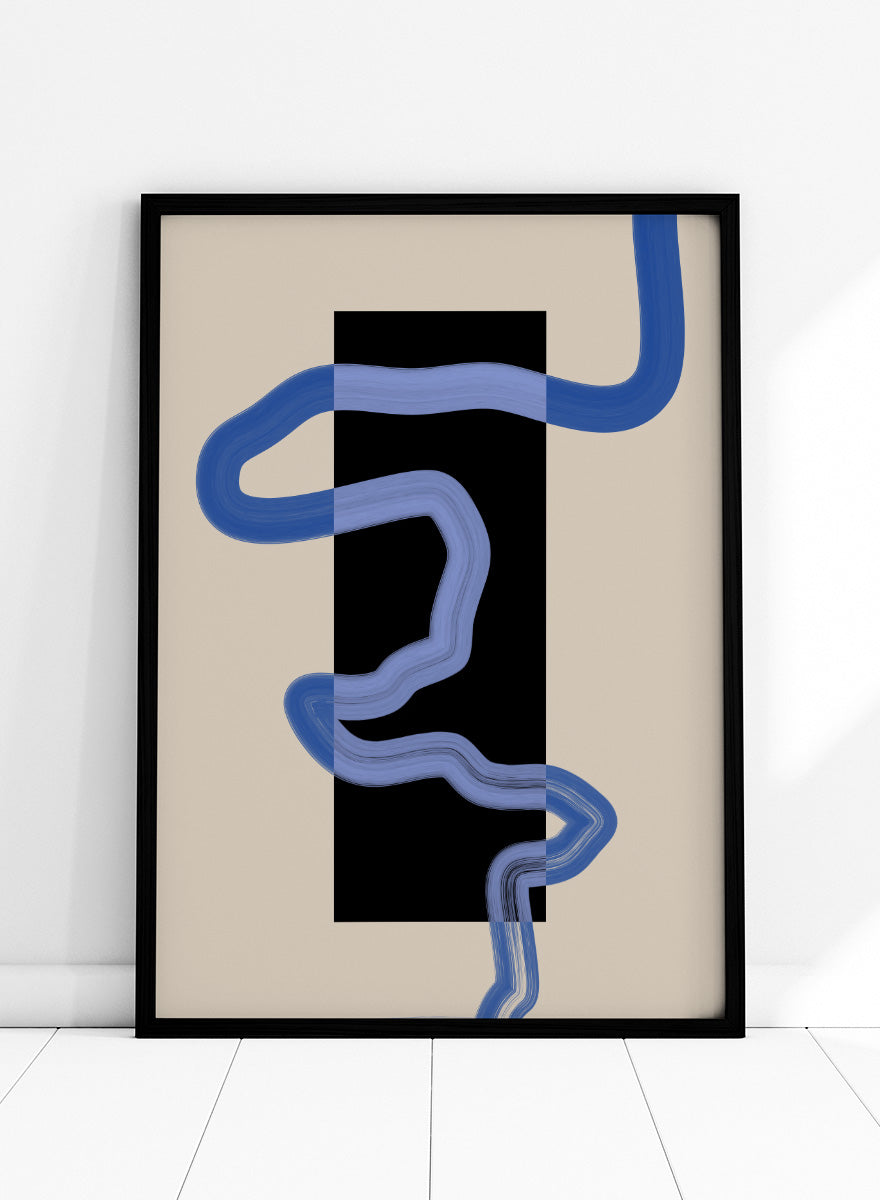 Shop Flowing Blue Lines Rectangle by Elena Ristova, a modern abstract wall art print poster with painted blue lines, a black rectangle, and cream tones.