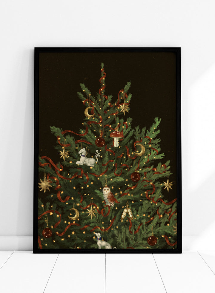Shop Whimsical Christmas Tree by NKTN, a festive Christmas wall art print poster featuring woodland ornaments, red ribbon, stars, moons, and glowing lights.